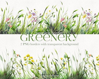 Watercolor Green Grass and Flowers Border: Seamless Summer Clipart (PNG Digital Download)