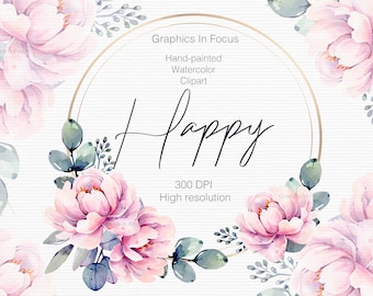 Watercolor Peony Frame Clipart: Pink Floral Design (PNG)