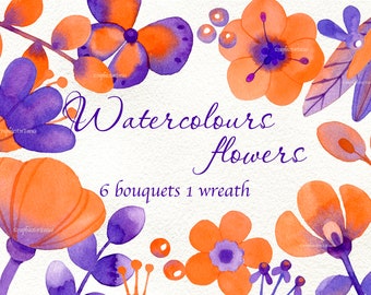 Clipart de flores de acuarela: Ramos de color naranja y morado (PNG)
