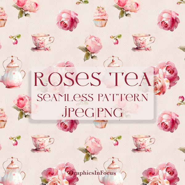 Seamless Roses pattern , Watercolor clipart , Pink roses pattern , Flowers clipart , tea clipart , Commercial use up 100 pieces of product