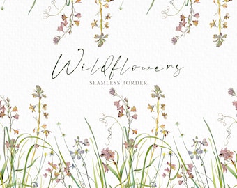 Flores de acuarela con borde sin costuras: Clipart floral (descarga digital PNG y JPEG, uso comercial)