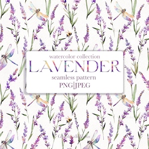 Padrão sem costura de lavanda, clipart de lavanda em aquarela, padrão sem emenda de flores, download digital, uso comercial de até 100 peças