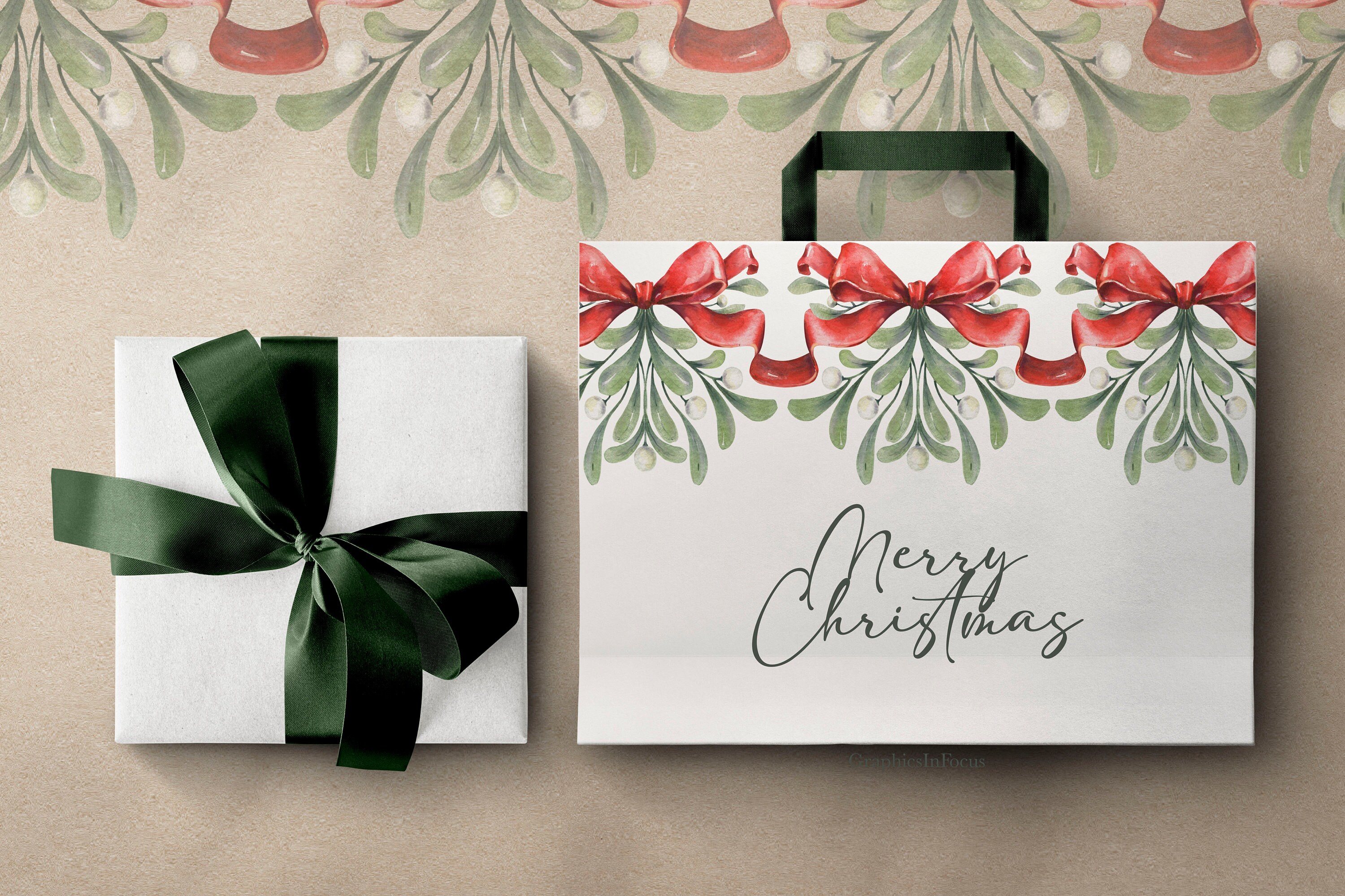 Christmas Mistletoe Border Clipart: Watercolor Red Bows (PNG Digital ...