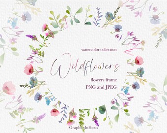 Clipart de flores silvestres en acuarela: Marco de flores de prado (Descarga digital)