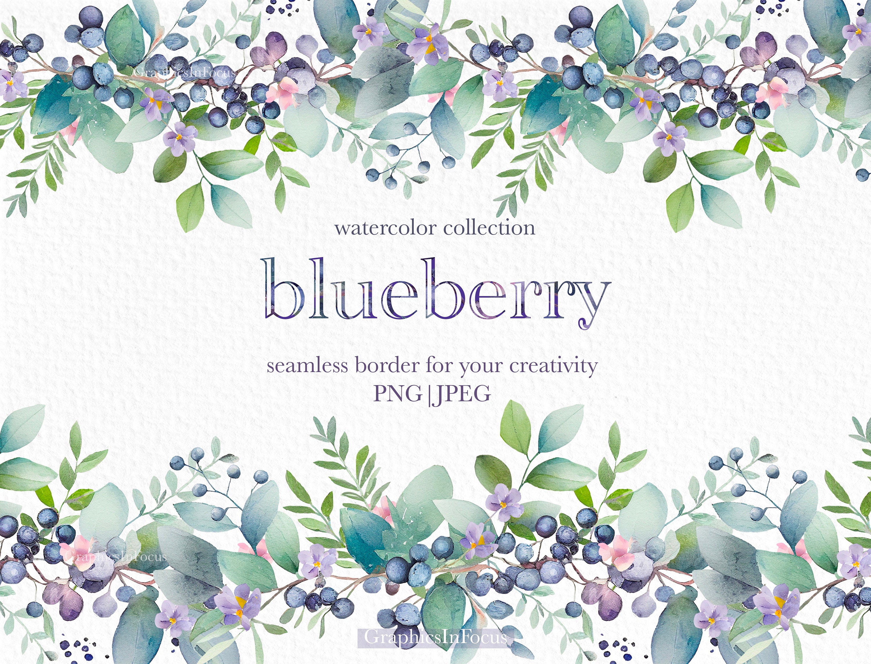 Blueberry Flowers Border ,watercolor Clipart , Watercolor Flowers , Seamless Border ,transparent