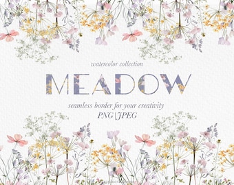 Floral Seamless Border Clipart: Watercolor Flower PNG JPEG (Digital Download)