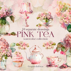 Può includere: Illustrazioni ad acquerello di ortensie rosa, una teiera, un cupcake, una lampada e tazze da tè. Le illustrazioni fanno parte di una collezione chiamata "Pink Tea Watercolor Collection".