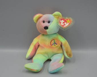 Ty Beanie Baby Peace Bear, retired 1996 vintage,  Authenticated and rare Ty-Died Bear