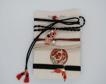 4 Stück stilvolle Haargummis mit Charms Anhänger, im japanischen Stil, süße elastische Haarbänder für sie, Haargummi Gummiband Pferdeschwanz, als Armband tragen