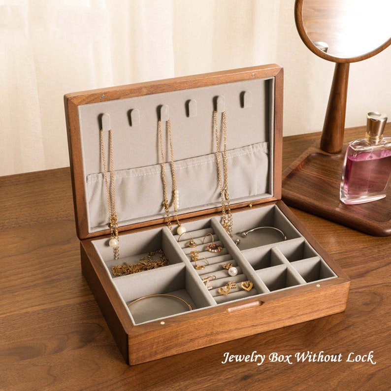 Hansimon Walnut Wood Jewelry Box With Lock Large Earring Etsy