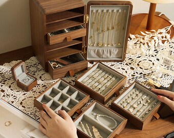 Hansimon Solid Wood Jewelry Box, Extra Large Jewelry Organizer, Walnut Wood Cherry Wood Jewelry Case, Earring Bracelet Ring Necklace Storage