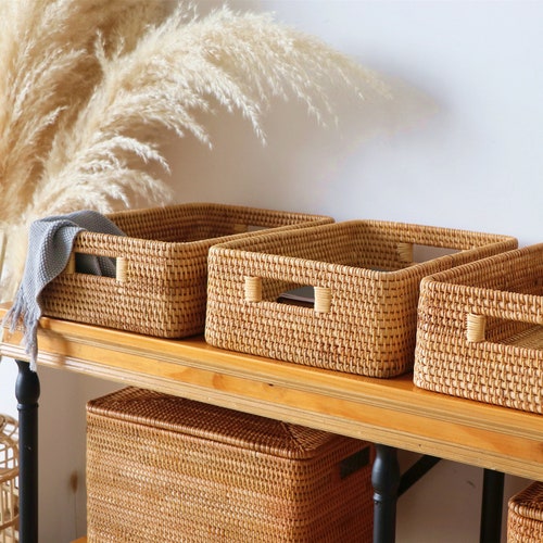 Handmade Rectangle Woven Rattan Basket With Lid and Wicker - Etsy