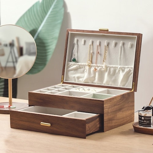 2 Layer Large Solid Wood Jewelry Box With Drawer Walnut Wood Etsy