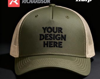 Gorra trucker Richardson 112FP con bordado personalizado: cinco paneles y cierre ajustable.