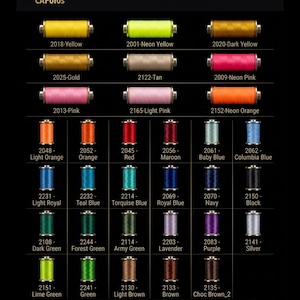 Puede incluir: Tabla de colores de hilo de bordar de la colecci&oacute;n Capolos. La tabla muestra una variedad de colores de hilo, incluyendo amarillo, rosa, naranja, rojo, azul, verde, morado, marr&oacute;n, gris, negro y blanco. Cada color est&aacute; numerado.