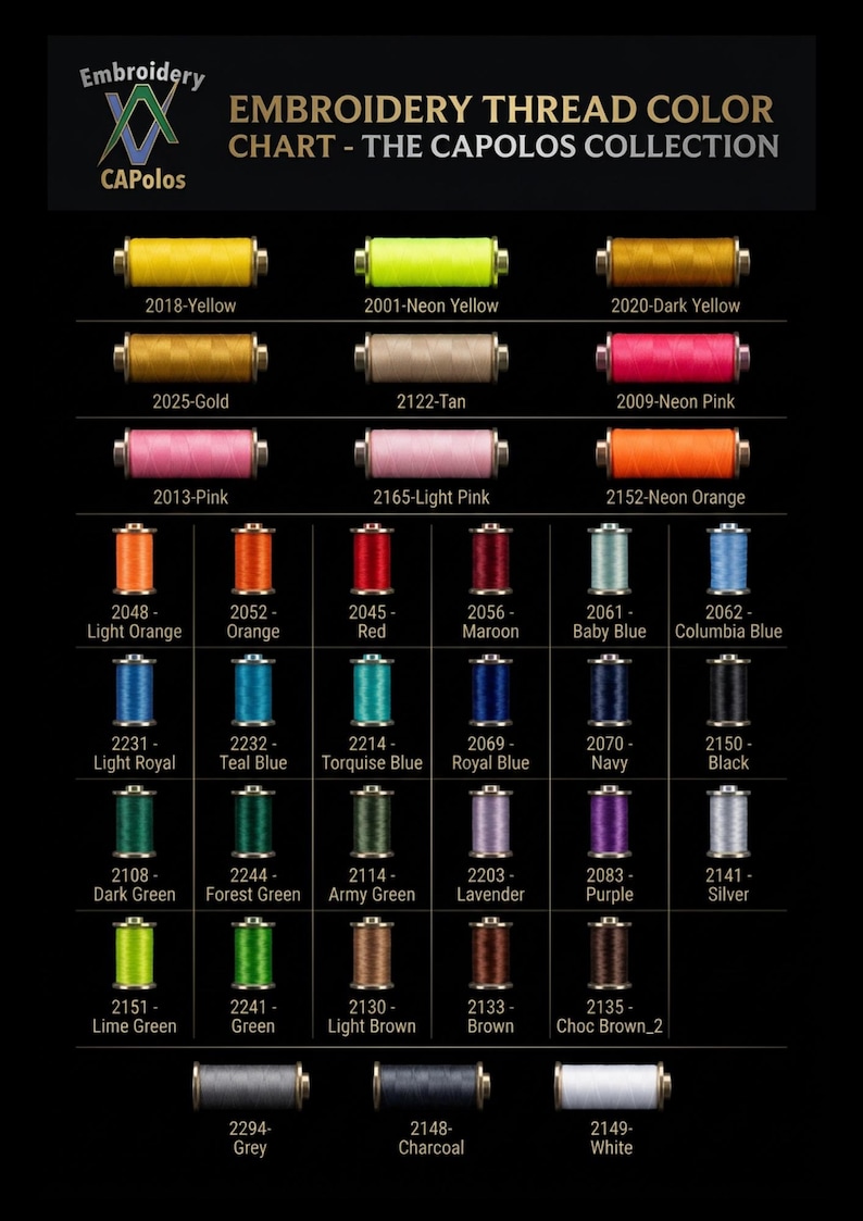 Puede incluir: Tabla de colores de hilo de bordar de la colecci&oacute;n Capolos. La tabla muestra una variedad de colores de hilo, incluyendo amarillo, rosa, naranja, rojo, azul, verde, morado, marr&oacute;n, gris, negro y blanco. Cada color est&aacute; numerado.