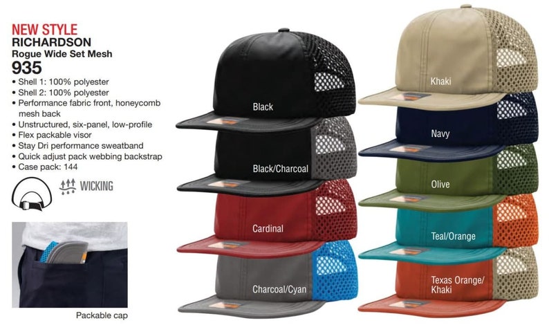 May include: A collection of Richardson 935 Rogue Wide Set Mesh caps in various colors including black, khaki, navy, olive, teal, and orange. These unstructured, six-panel, low-profile caps feature a performance fabric front and a honeycomb mesh back.