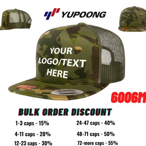 Czapka typu trucker z haftem: Yupoong 6006 Flatbill Snapback