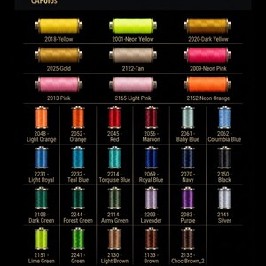 May include: An embroidery thread color chart titled EMBROIDERY THREAD COLOR CHART - THE CAPOLOS COLLECTION. It displays rows of thread spools in various colors, each labeled with a specific numerical code and color name, including yellow, pink, blue, green, brown, and neutral tones.