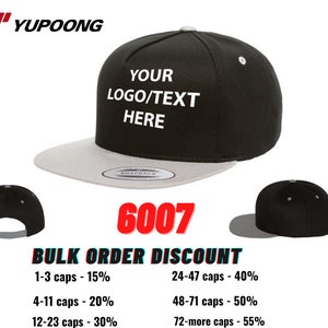 Custom Embroidered Flat Bill Cap, Custom YP Classics Hats, Snapback Cap, YP Classics Five-Panel Flat Bill Cap Hat 6007, Monogrommed Caps