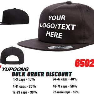Custom Embroidered Flat Bill Snapback Cap: Yupoong 6502