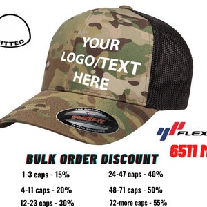 Benutzerdefinierte Stickerei, Stretch Trucker Cap, 6511 Flexfit Multicam Trucker, Flexfit Hüte, Erwachsene Hüte