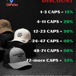 Puede incluir: Imagen que promociona descuentos por pedidos al por mayor de gorras. Los descuentos oscilan entre el 15% y el 55% seg&uacute;n la cantidad de gorras compradas. La imagen tambi&eacute;n muestra tres gorras con el texto "YOUR DESIGN HERE".