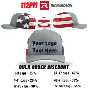 Custom Made 112PM Richardson Printed Mesh Trucker, Customized Embroidered Hats,  Snapback Hat, Personalized Hat, Heater/Stars & Stripes