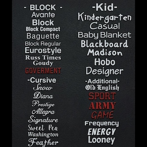 Puede incluir: Gr&aacute;fico negro con una lista de fuentes de bordado. El texto incluye nombres de fuentes como "Block", "Cursive" y "Old English". Las fuentes rojas solo aceptan may&uacute;sculas. Para dise&ntilde;o de bordado.