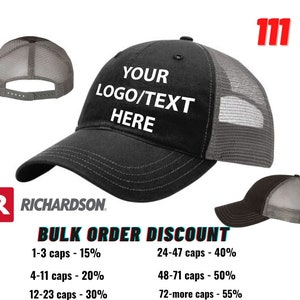 Custom Embroidered Hats, Richardson Hats, Richardson 111, Trucker Hat, Garment Washed Trucker, Snapback Cap