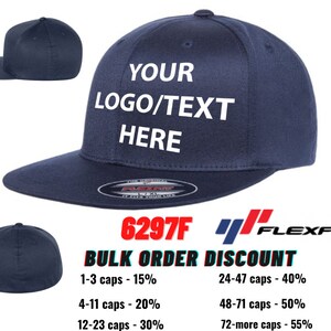 Cappello ricamato personalizzato Flexfit da uomo piatto, 6297F Flexfit Pro Baseball su forma di campo, cappello flatbill, cappello con testo del logo, cappello da uomo