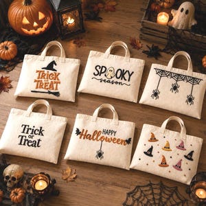 Handmade Personalized Halloween tote bag, Punchneedle Trick or Treat handbag, Canvas spooky pouch