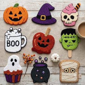 Może przedstawiać: Zestaw dziewięciu podkładek pod kubek wykonanych techniką punch needle z motywami halloweenowymi, w tym pomarańczowa dynia, fioletowy kapelusz czarownicy, różowa babeczka z czaszką, biały kubek z napisem BOO, czerwone jabłko w karmelu, zielony potwór, babeczka duch, czarny kociołek i tost mumia.