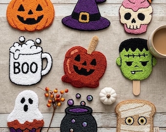 Halloween Punchneedle Coaster, Pumpkin Drink mats, Handmade Mug rugs, Halloween Coffee Table Accessory