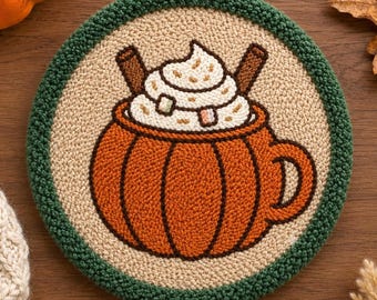 4 stuks punchneedle onderzetters, pompoen-kruiden drankonderzetters, handgemaakte mokonderzetters, Halloween salontafelaccessoire