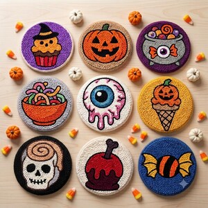 Może przedstawiać: Dziewięć okrągłych podkładek wykonanych techniką punch needle z motywami halloweenowymi, takimi jak babeczka, dynia, kociołek, miska z robakami, gałka oczna, lody, czaszka, jabłko w karmelu i cukierek, otoczonych małymi dyniami.