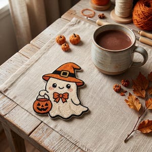 Podkładka pod kubek z motywem Halloween Punchneedle, maty pod upiorne napoje, ręcznie robione podkładki pod kubki z dyniami