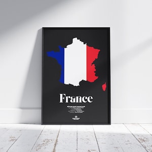 Póster de Francia: Impresión de mapa con la bandera francesa, arte mural de la República Francesa, decoración de viaje a París, geografía moderna, descarga digital