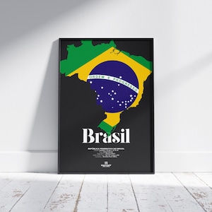 Brazil Country Poster – Modern Flag Map Print, Brasil Wall Art, Minimalist Travel Decor, South America Digital Download, Geography Gift