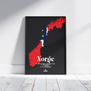 Norwegen Poster - Norwegische Flagge Karte Druck, Norge Wandkunst, minimalistisches Reise-Dekor, Skandinavische Geographie, digitaler Download