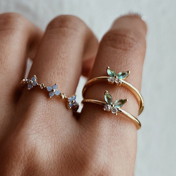 winziger grüner Schmetterling Ring, Zierlicher Diamant dünner Bandring, Minimalistischer Kristall Versprechen Ring, Beste Freundin Geschenk