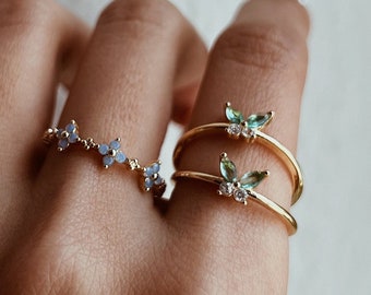 tiny green butterfly ring, dainty diamond thin band ring, minimalist crystal promise ring, best friend gift