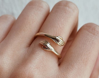 Gold Umarmungsring, Winzige Hände Ring, Offener Hug Ring Verstellbarer, Liebesring Valentinstag Freundschaftsgeschenk Minimalistischer