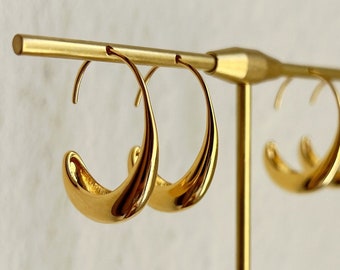 Gold Water Drop Earrings, Oval Open Hoop Earrings, Minimalist Dangle Earrings Geometric, Hook Hoop Earrings Hypoallergenic