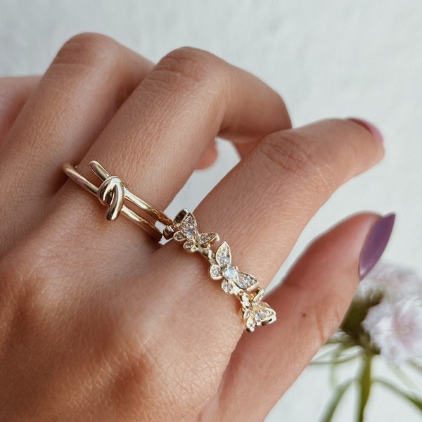 Diamant Schmetterling Ring, Zierlich Ring Glitzer Kristalle, Alltag Feiner Schmuck, 14K Süßes Ring Boho, Jahrestag Liebe Geburtstagsgeschenk