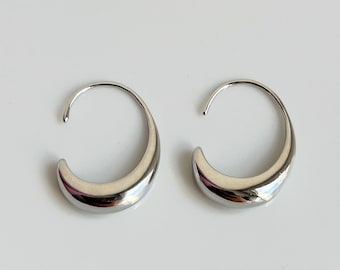 Silver Water Drop Earrings, Oval Open Hoop Earrings, Minimalist Simple Earrings Geometric, Hook Hoop Earrings Hypoallergenic