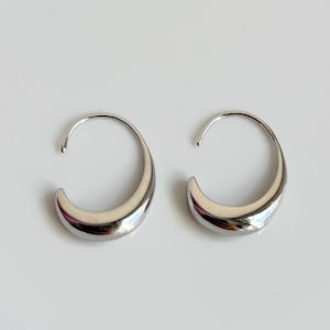 Silver Water Drop Earrings, Oval Open Hoop Earrings, Minimalist Simple Earrings Geometric, Hook Hoop Earrings Hypoallergenic image 1