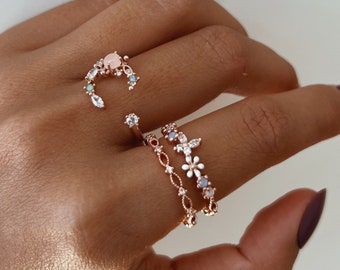 Blume Ring Glitzer Kristalle Roségold, Doppelring Edelstein verstellbarer, 14K Süßes Ring Boho, Bandring Schmuck Liebe Freundschaft