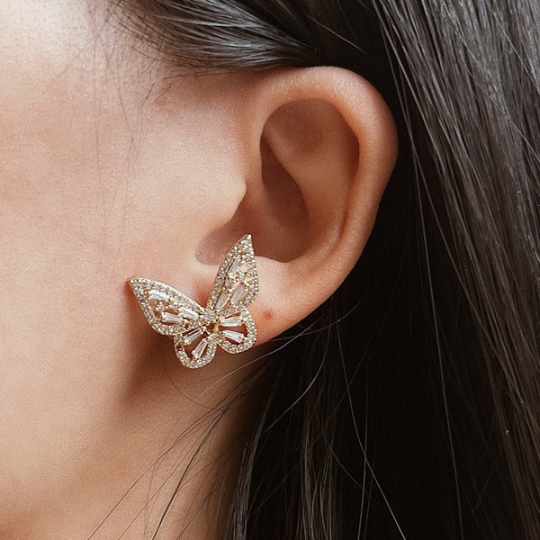 Butterfly Cz Earrings, 925 Silver Gold Plated Earrings with Zircon