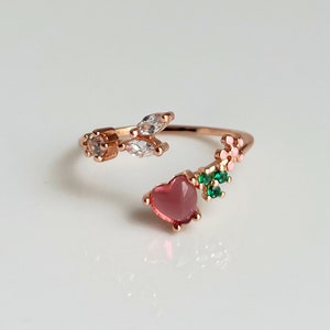 Bague coeur rouge fleur, bague pierre précieuse rouge or rose, bague réglable, plaqué or 14 carats, bague coeur doux bijoux Boho, petite bague
